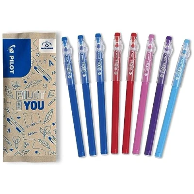 Afbeelding van PILOT Set van 8 FriXion Ball Stick uitwisbare gelinkt 3 blauw, 2 rood, 1 roze, paars, lichtblauw De voordelige pen Om in etui te stoppen Schoolartikelen