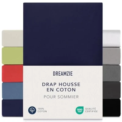Afbeelding van Dreamzie Hoeslaken Boxspring 140 x 200 cm 160 cm, jersey 100% katoen, matrashoogte tot 37 hypoallergeen, Oeko Tex, donkerblauw