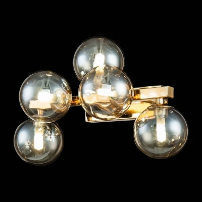 Afbeelding van Moderne hoogwaardige wandlamp Gouden metalen frame Kogellampenkap van getint amberkleurig glas Voor woonkamer, eetkamer, restaurant, café 5 lampen G9 28W 220V IP20