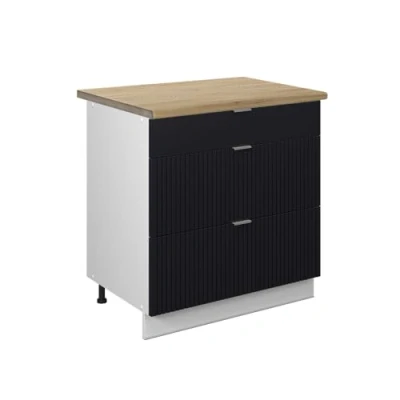 Afbeelding van Vicco Keukenonderkast Fame Line, Zwart gestreept/Wit, 80 cm met 3 laden, WB Eik