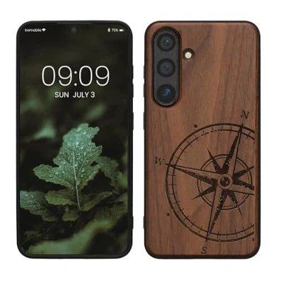 Afbeelding van kwmobile telefoonhoesje geschikt voorSamsung Galaxy S24 Hoesje met bumper hout In donkerbruin Vintage Kompas design