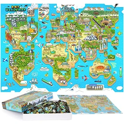 Afbeelding van Wereldkaart puzzel 1.000 stukjes 70x50cm geweldig 8 bit design ontdek alle bekende gebouwen