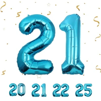 Afbeelding van Verjaardagsballonnen 21 jaar, blauw, 101 cm, verjaardagsdecoraties van een man en vrouw, opblaasbare cijferballon, beige, jaar