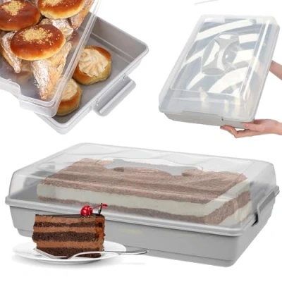 Afbeelding van KADAX Taartbox, rechthoekig, van kunststof, met deksel, 44 x 30 12,5 cm, handvat, voor cake, muffins, grijs