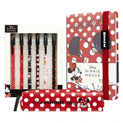 Afbeelding van Disney Kawaii schrijfwarenset, schoolbenodigdheden, kantoorbenodigdheden, notitieboek, etui, pen, kinderen, meisjes, volwassenen, cadeau Mickey Minnie Iejoor Baby Yoda (wit/rood Minnie)
