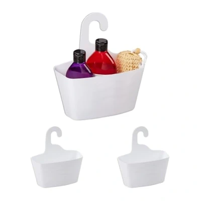 Afbeelding van Relaxdays douchemandje set van 3 zonder boren kunststof met haak shampoo houder badkamer wit