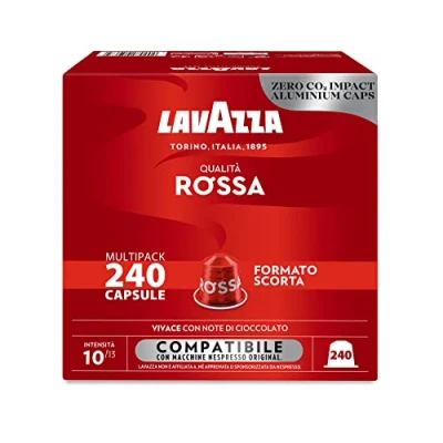 Image de Lavazza Qualità Rossa Lot de 240 capsules café en aluminium compatibles avec les machines Nespresso Original, chocolat et fruits secs, arabica robusta, intensité 10/13, torréfaction moyenne