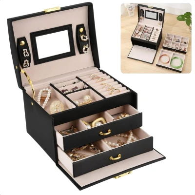 Afbeelding van Cheqo® Zwarte Sieradendoos met Spiegel Bijouteriedoos Juwelenkistje Lades voor Sieradenopslag Sieraden Opbergers Juwelendoos Doos