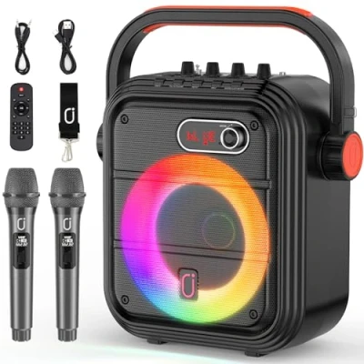 Afbeelding van JYX Karaoke machine met 2 draadloze microfoons, PA systeem hoge / bas, draagbare bluetooth luidspreker RGB licht, ondersteunt live transmissie/bewaking