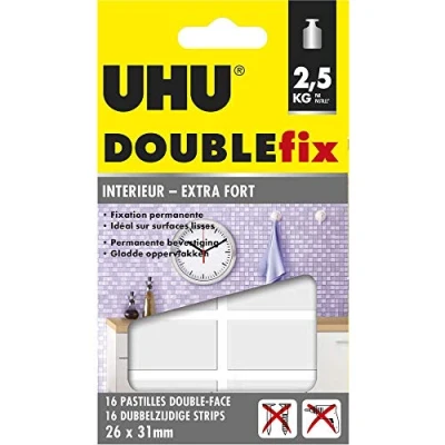Afbeelding van UHU Doublefix extra sterke onzichtbare binnenkant dubbelzijdige kleefpads, sterk, transparant, 16 pads