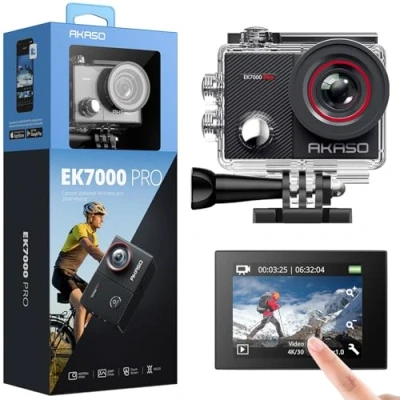 Afbeelding van Akaso sportcamera 4K Ultra HD 20MP WiFi, waterdicht 40 m, verstelbare groothoek, touchscreen en EIS stabilisatie, afstandsbediening 2,4 G, set van 25 outdoor avonturenaccessoires