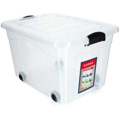 Afbeelding van KADAX Kunststof container met wieltjes, 60 liter, transparante opbergdoos van kunststof, organizer deksel, clipbox voor speelgoed, kliksluiting