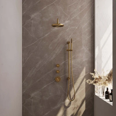 Afbeelding van Brauer Gold Edition Regendouchesets inbouw hoofddouche 20cm Wandarm glijstang met inbouwdeel Gladde knoppen handdouche Staaf 1 stand PVD