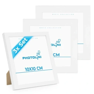 Afbeelding van PHOTOLINI Fotolijst 10 x cm, MDF hout, wit, set van 3 fotolijsten voor posters en posters, onbreekbaar acrylglas, wanddecoratie om op te hangen neer zetten, met extra accessoires