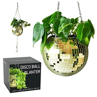 Afbeelding van SCANDINORDICA Discobal bloempot om op te hangen met ketting en macramétouw, decoratieve discobal, 20 cm, goud