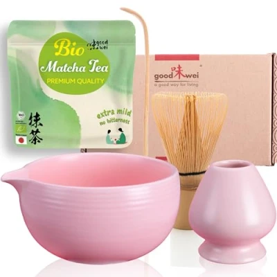 Afbeelding van Goodwei Complete matcha set ceremoniële mok met garde en lepel biologische Japanse thee (Pinku mond)