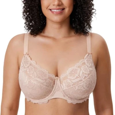 Afbeelding van DELIMIRA Damesbeha met volledige cup, kant, ongevoerd, tule beugel, Beige