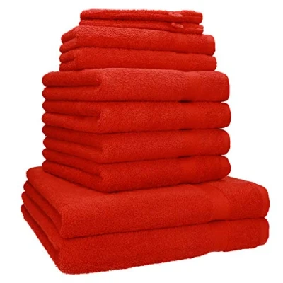 Afbeelding van 10 delige handdoekenset in 100% eersteklas katoen; twee douchehanddoeken, vier handdoeken, gastendoekjes, washandjes, rood, 70 x 140 cm 50 100 30 16 21