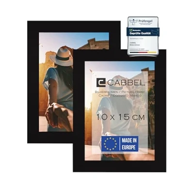 Afbeelding van CABBEL Set van 2 fotolijsten, stabiele mdf houten lijst, onbreekbaar plexiglas, om op te hangen en neer zetten, ideaal voor foto&#039;s/afbeeldingen/collages, zwart, 10 x 15 cm