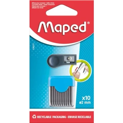 Image de Maped Étui Rigide de 10 mines Rechange 2 mm + 1 taille pour Recharge Compas Scolaire Mine avec Pointe HB