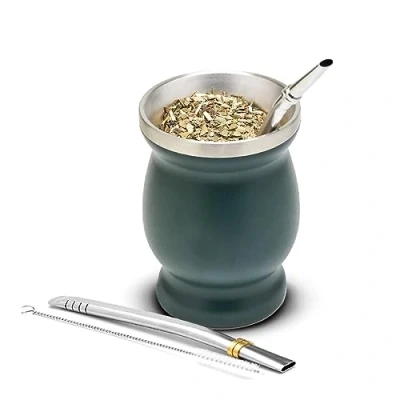 Afbeelding van Yerba Mate Theeset (Mate beker) van roestvrij staal met bombilla (rietje) voor Mate, Set, gemaakt om schoon en zeer resistent (groen) te maken