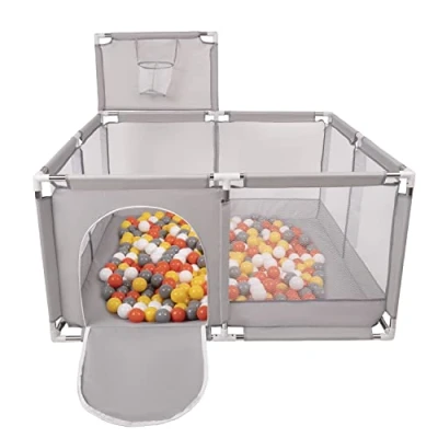 Afbeelding van Selonis kinderbox met mand en 200 ballen, grijs:geel/wit/grijs/oranje