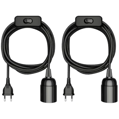 Afbeelding van ledscom.de 2 stuks LEHA textielkabel, stekker, schakelaar, zwart, 3 m, lampfitting, 1 x E27 max. 60 W