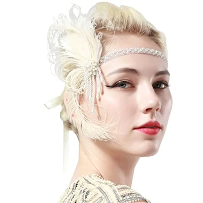 Afbeelding van ArtiDeco 1920s Flapper Feather Hoofdband Peacock Beaded Hoofdstuk met Parels Great Gatsby kostuum Accessoires Roaring 20&#039;s