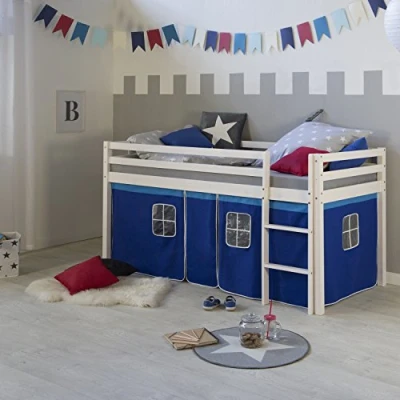 Afbeelding van Homestyle4u 519, kinderbed met ladder, gordijn blauw, massief grenenhout, wit, 90 x 200 cm