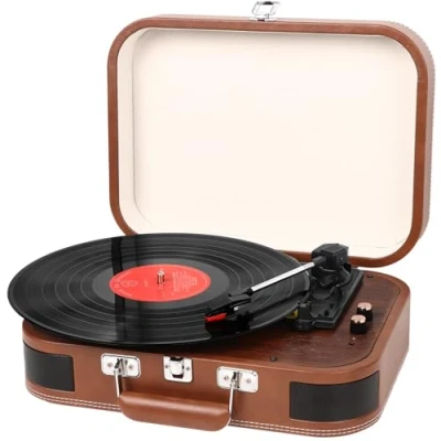 Afbeelding van Bluetooth platenspeler met luidsprekers, 33/45/78 rpm, riemaandrijving, vinyl, USB, retro opnamescanner, vinyl naar mp3 (bruin)