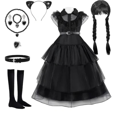 Afbeelding van LuckyQianyi Costume de mercredi pour femme Noir gothique enfant famille adulte Robe cosplay Carnaval Taille A 120 cm