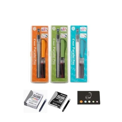 Afbeelding van Set van 3 Parallel Pen: 2,4 mm + 3,8 4,5 6 zwarte patronen 12 verschillende kleuren 1 zelfklevende index Blumie (oranje groen turquoise)