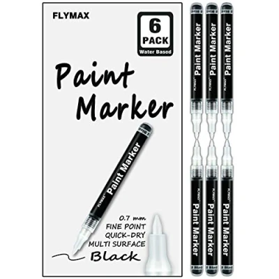 Afbeelding van Set van 6 zwarte permanente acrylmarkers voor glas, keramiek, leer, kunststof, steen, metaal, canvas, email, extra fijne punt 0,7 mm, waterdicht