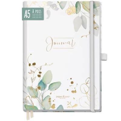 Afbeelding van paper&amp;you® Premium Bullet Journal gestippeld A5 &quot;bladgoud&quot; notitieboek gestippeld, 120g/m² dik papier, 188 genummerde pagina&#039;s, agenda met stippenraster duurzaam &amp; klimaatvriendelijk