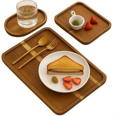 Afbeelding van Cheqo Houten Dienbladen Set Dienblad Serveerplateau Borrelplank Kaasplank Duurzaam &amp; Trendy 3 Stuks Hout