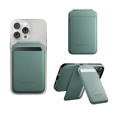 Afbeelding van Native Union Active Wallet Stand MagSafe kaarthouder met houder voor iPhone 16 12 veilig en ultradun houdt 4 kaarten leisteengroen