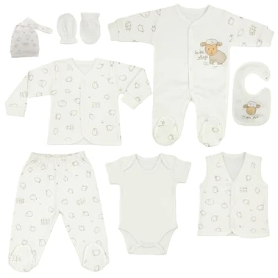 Afbeelding van Blue Eyes Pasgeboren Cadeauset 100% natuurlijk katoen Niet gegradueerde uitrusting Uniseks voor baby 0 4 maanden 8 stuks (lam), ecru