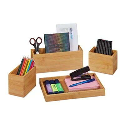 Afbeelding van Relaxdays bureau organizer bamboe pennenbak opbergbox tafel bureaustandaard hout