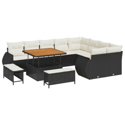 Afbeelding van vidaXL 12 delige tuinset met kussens in zwart poly rattan en acacia