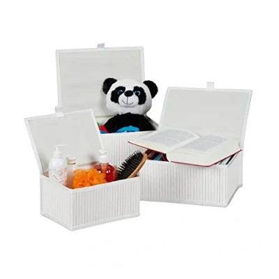 Afbeelding van Relaxdays opbergmand set van 3 bamboe manden badkamer opbergbox wit