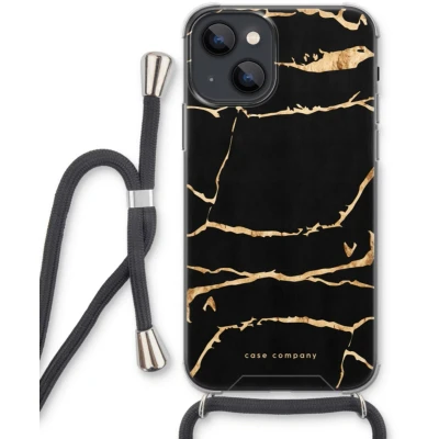 Afbeelding van Case Company® hoesje met Koord geschikt voor iPhone 13 mini Gouden marmer Telefoonhoesje Zwart Extra Bescherming aan alle Kanten en Over de Schermrand
