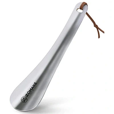 Afbeelding van ZOMAKE Metalen voetschoenen: kleine schoenlepel van roestvrij staal, voor kinderen, korte voeten, metaal, geschikt alle voetmaten, 18,5 cm, met touw en hangende gaten, zilver.
