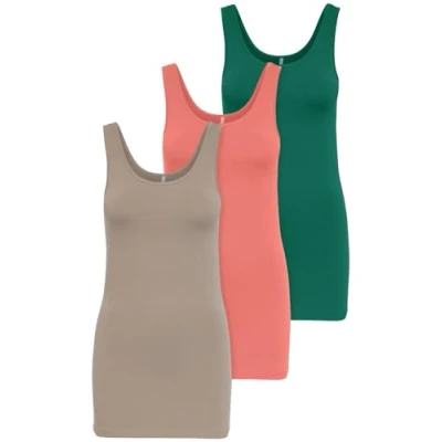 Afbeelding van ONLY 3 pack dames bovenstuk Basic Tank Tops wit, zwart, grijs, blauw, crème vrouwen shirt lang zomer Shirts Top 15201465, kleurenmix 1, XL