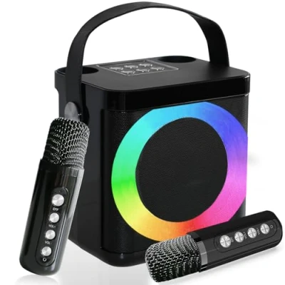 Afbeelding van karaoke machine, draagbare machine met draadloze microfoons voor volwassenen en kinderen, Bluetooth luidspreker geluidssysteem, ledlampen, ondersteuning