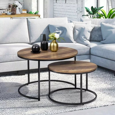 Afbeelding van Lot de 2 tables basses gigognes HAWKINS rondes 54/70 bois foncé design industriel