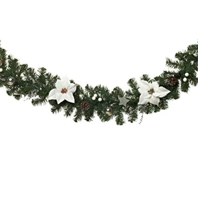 Afbeelding van Luxe kerst Guirlande Compleet met decoratie versiering Wit, Zilver &amp; Groen 270 cm