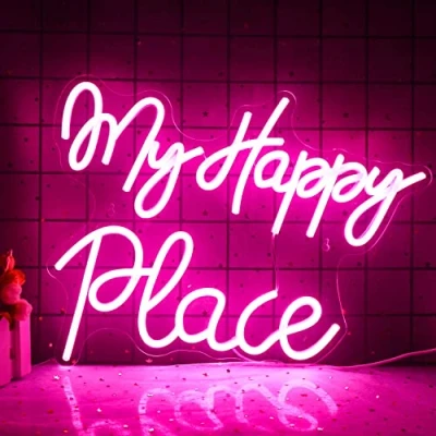 Afbeelding van My Happy Place neon bord, neonlicht met roze woorden voor slaapkamer, barborden, acryl USB voeding, geschikt woonkamer, grotere feestlichtreclame verjaardag, vrijgezellenfeest