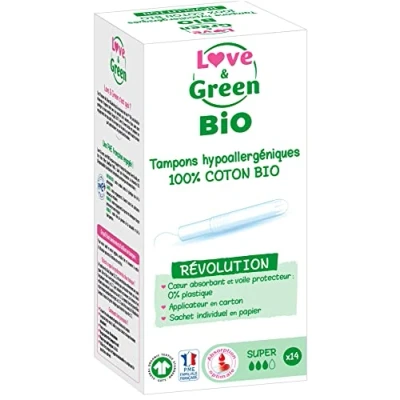 Afbeelding van Love &amp; Green Hypoallergeen 100% Organisch Katoen 14 Super Pads met Applicator