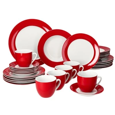Afbeelding van MamboCat Variant rood 30 delig tafelservies I porseleinen met rode rand voor 6 personen koffiekopjes à 200 ml, schoteltjes, taartborden, soepborden en