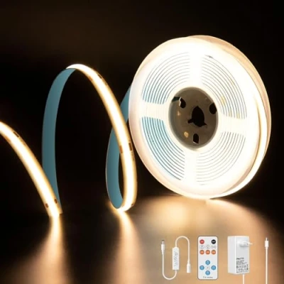 Afbeelding van PAUTIX COB led stripset, 3000 K, warmwit, 5 m, dimbaar, 24 V, 2400 leds, CRI93 ledstrip, met timerfunctie, afstandsbediening RF en GS voeding voor lichtdecoratie